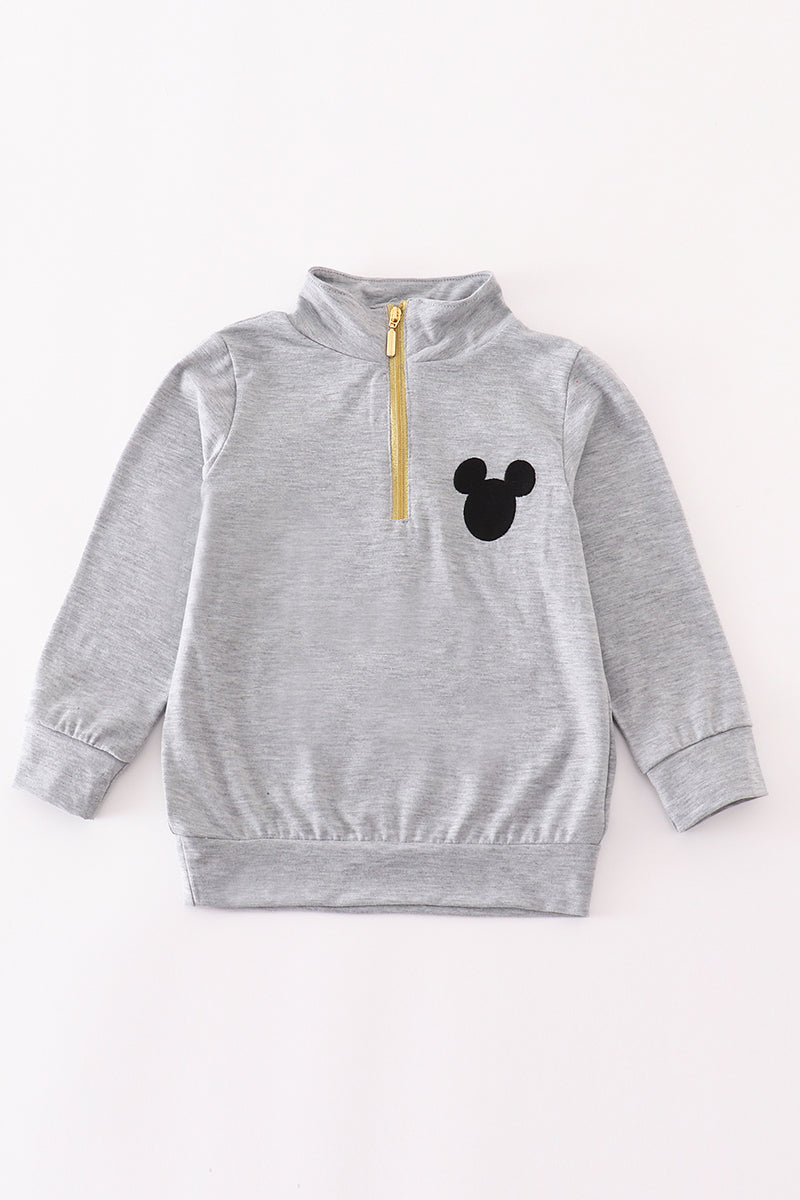 Grey character embroidery zip boy pullover