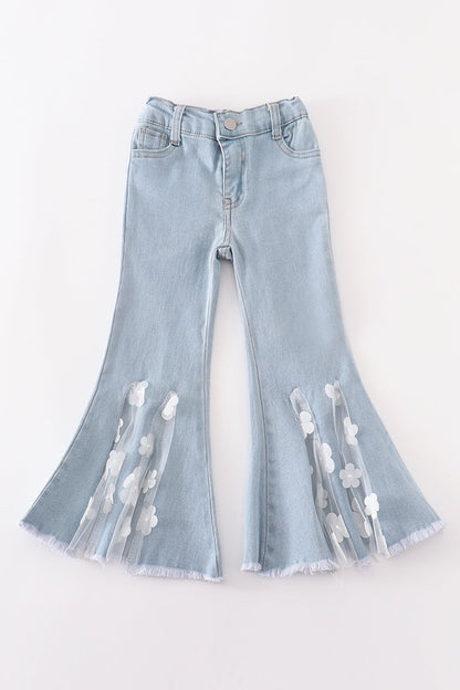 Blue open front lace denim jeans