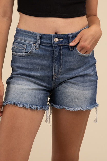 Mid Rise Raw Frayed Hem Denim Shorts