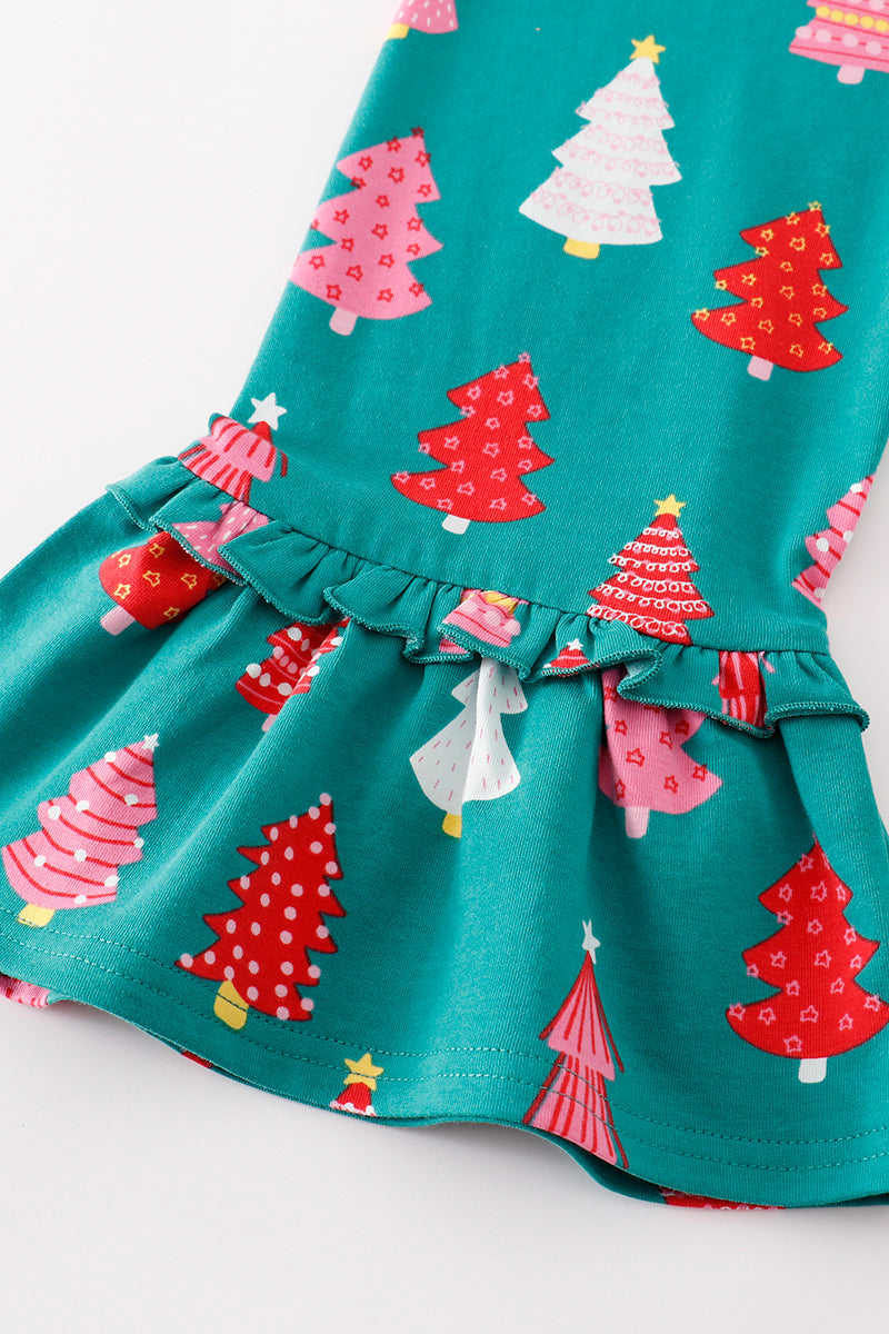 Platinum Green christmas tree print ruffle pants