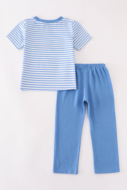 Blue construction trucks embroidery stripe boy pants set