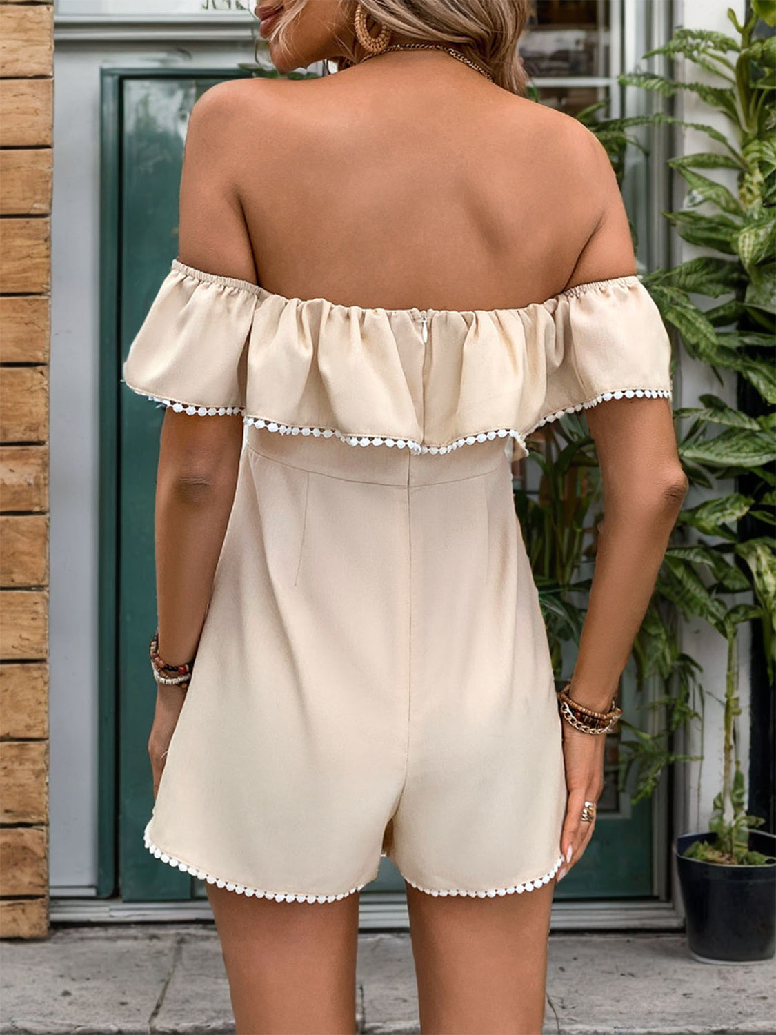 Perfee Tied Ruffled Off-Shoulder Short Sleeve Romper